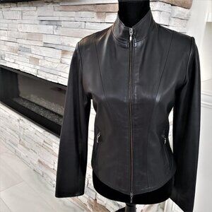 Vera Pelle Italian Black Leather Fitted Moto Jacket 42